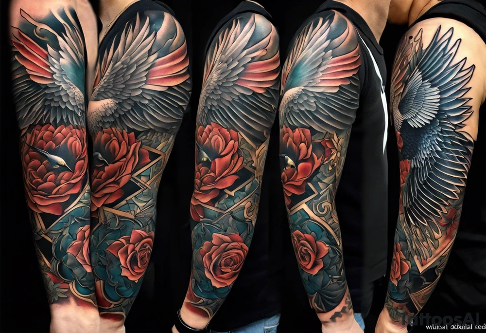 A full tattoo sleeve with a strong, masculine design, featuring a central motif of a majestic dove in flight, symbolizing peace and freedom. The dove is depicted with detailed feathers and dynamic movement, making it the focal point of the sleeve. Positioned subtly yet prominently, an intricately detailed eye within an equilateral triangle is incorporated into the design, representing the all-seeing eye or third eye. This eye is carefully shaded to blend seamlessly with the overall design, providing a symbolic layer without overshadowing the dove. Surrounding these elements, incorporate roses and leaves, rendered with rich, deep shading to create a cohesive and elegant backdrop. The roses, symbolizing beauty and resilience, and the leaves, adding a touch of natural grace, weave around the dove and eye, creating a harmonious and integrated look. The design features bold shading and contrasts, enhancing the details of both the dove and the floral elements, resulting in a powerful and balanced masculine sleeve with a blend of symbolic and artistic depth. tattoo idea