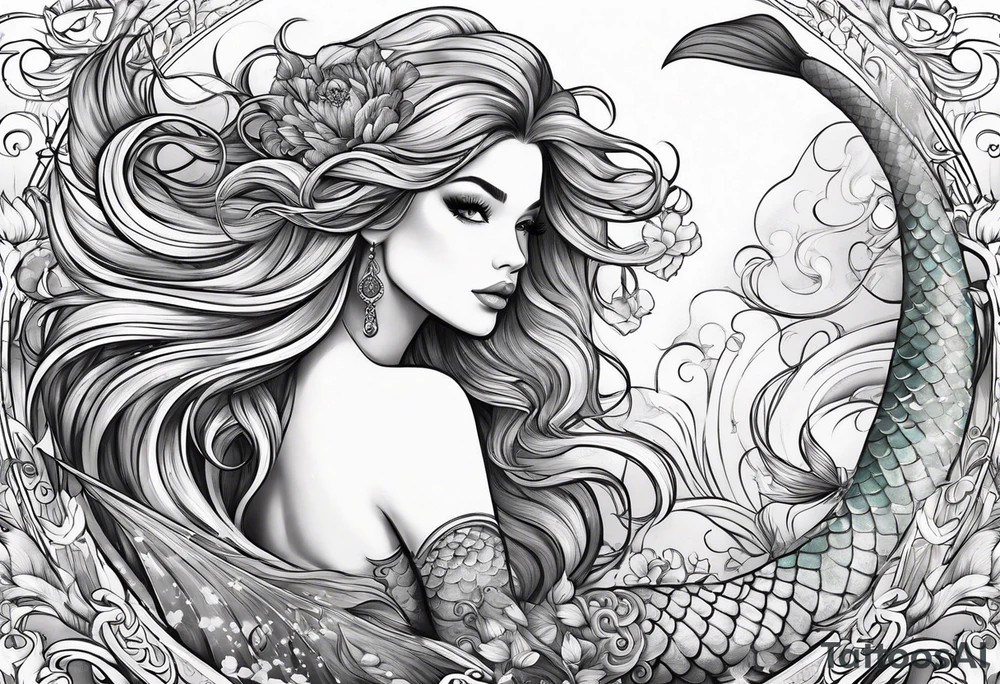 sexy full bodied mermaid with long 
flowing tail and hair, tattoo sleeve tattoo idea
