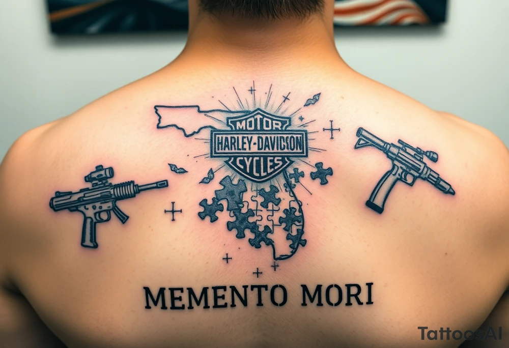 colorful futuristic memory tattoo for passed boyfriend; Florida, gulf coast water, Harley Davidson, skateboarding, puzzle pieces, video games, heaven, god, outdoors, guns, disc golf, words "MEMENTO MORI" tattoo idea