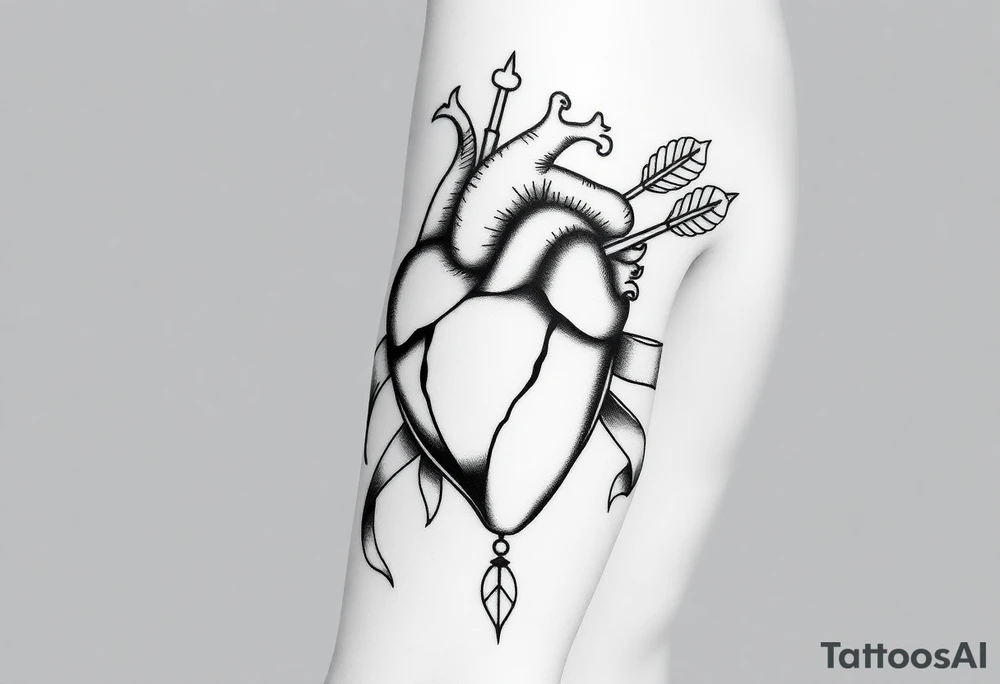 anatomical heart pierced by ornate arrow with flowing ribbons tattoo idea