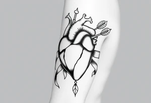 anatomical heart pierced by ornate arrow with flowing ribbons tattoo idea