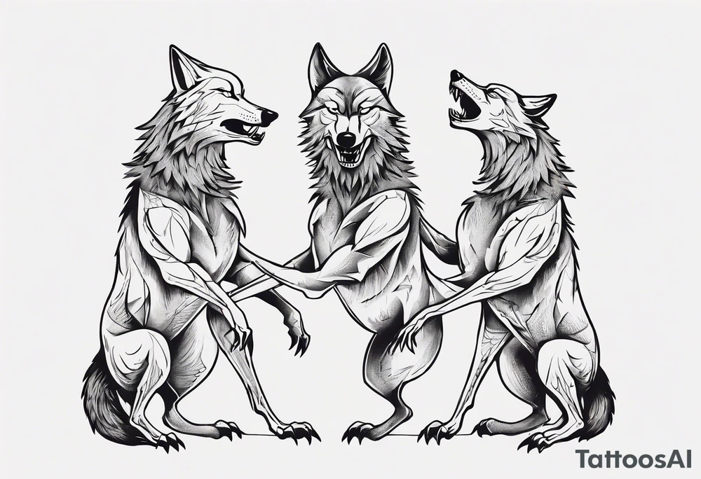two wolves with their mouths closed and dancing on their hind legs. tattoo idea
