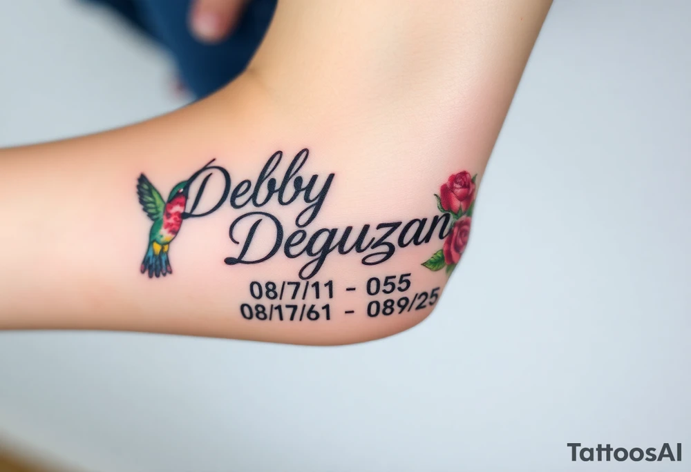 Tattoo of the name Debby Deguzman in chunky bold curly cursive with the exact dates of 08/17/61-05/29/25 surrounded by 1 hummingbird and 1 rose tattoo idea