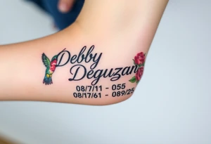 Tattoo of the name Debby Deguzman in chunky bold curly cursive with the exact dates of 08/17/61-05/29/25 surrounded by 1 hummingbird and 1 rose tattoo idea