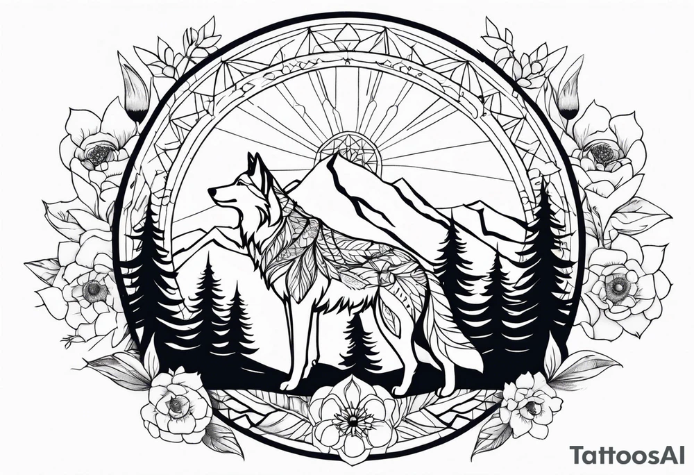 A whimsical wolf tattoo featuring mandala or dream catcher elements, with the wolf as the central focus, surrounded by mountains in the background. Include flowers and nature elements to fill the space around the wolf. tattoo idea