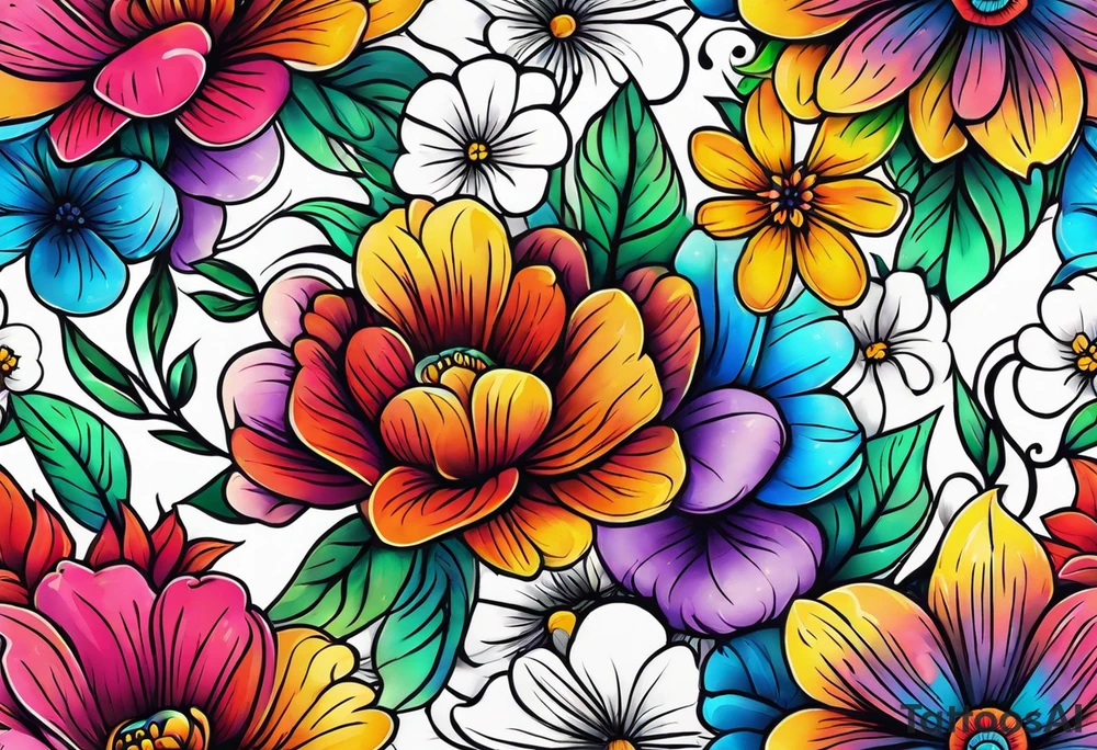 Arm sleeve dedicated to mom with rainbow flowers tattoo idea