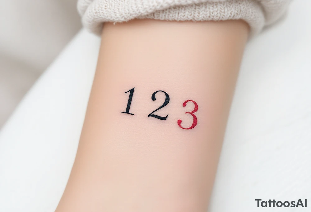 Three delicate Roman numerals "1 2 3" tattooed side by side. Numbers 1 and 2 in black in, number 3 pink ink tattoo idea