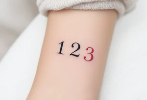 Three delicate Roman numerals "1 2 3" tattooed side by side. Numbers 1 and 2 in black in, number 3 pink ink tattoo idea