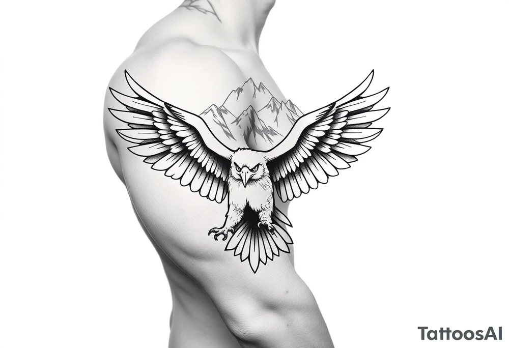majestic eagle spreading wings against mountain peaks tattoo idea