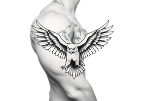 majestic eagle spreading wings against mountain peaks tattoo idea