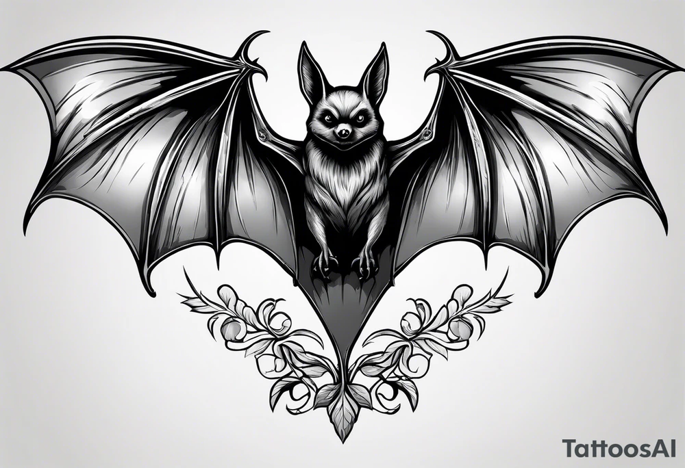 A bat hanging from a branch. No color, mainly black and some grays. tattoo idea