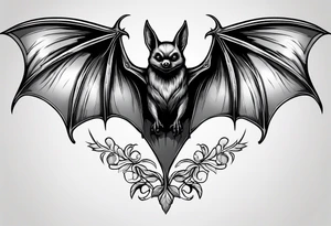 A bat hanging from a branch. No color, mainly black and some grays. tattoo idea