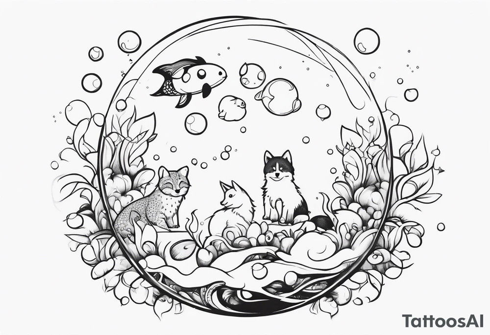cute animals going up in bubbles tattoo idea