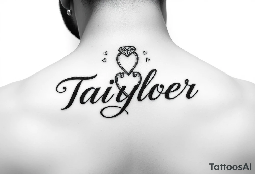 The name Taiylor spelled with the O as a diamond ring with hearts behind the ear tattoo on the neck tattoo idea