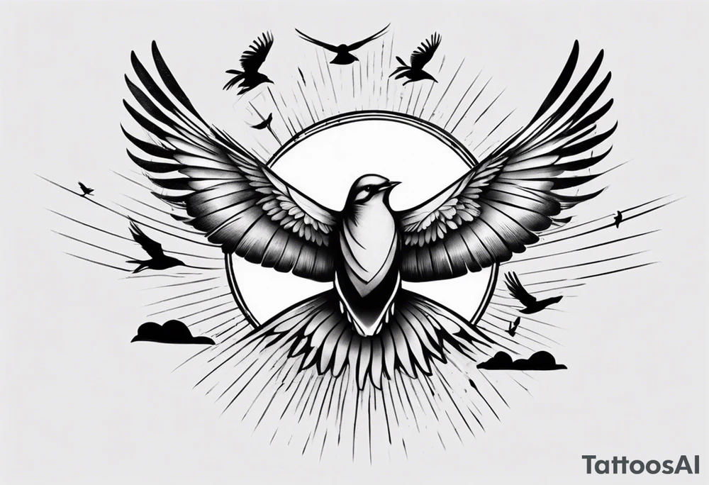 shoulder tattoo with light rays with birds flying free among the clouds, round shape, with gradient ends tattoo idea
