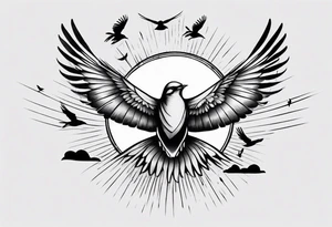 shoulder tattoo with light rays with birds flying free among the clouds, round shape, with gradient ends tattoo idea