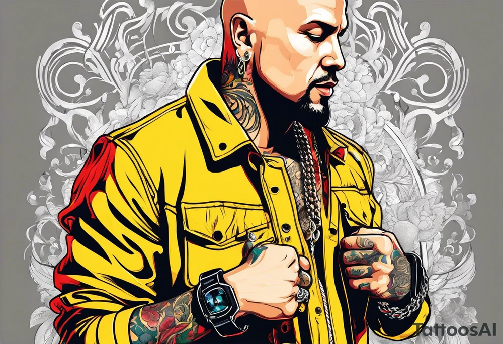 a bald german dj with handcuffs on ina bright yellwo short with red shoe boxesa around him tattoo idea