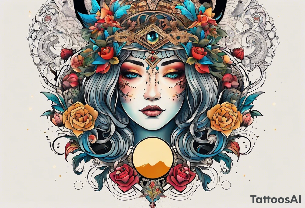 A tattoo design inspired by southern Italian folklore tales, incorporating mystical creatures and celestial objects such as moons and stars, reflecting the client's love for folklore and celestial objects. tattoo idea