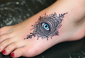 A detailed black ink Hamsa with a piercing blue evil eye at its center, warding off negativity. tattoo idea
