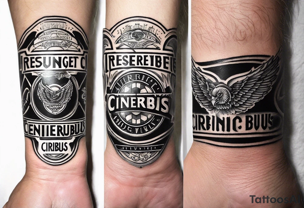 tattoo on a wrist saying "resurget cineribus". no other design except for the words. use the font from the Detroit Red Wings written logo. Flip "cineribus" upside down. only black and white. only the lettering. tattoo idea