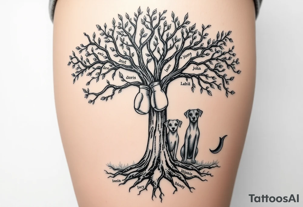 Hippy beech tree full of life. 
Jamie, Derek, Iris, John, bill, Winnie names in the roots, Mavis, Garhi, Mickey, Pam, Lucy, in the branches at the top. Names can be in Hebrew. 
Three dogs a Rhodesian Ridgeback, King Charles cavalier and chihuahua. 
Prett, feminine ornate. Boxing gloves hanging from tree tattoo idea