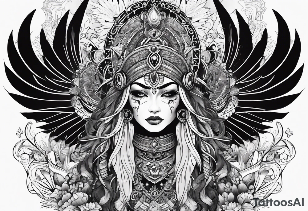 black kali, goddess pirate, alien, pachamama, valkrye, warrior, skull, lotus azul, wing, eagle, zenza resonance, stars, 5D tattoo idea