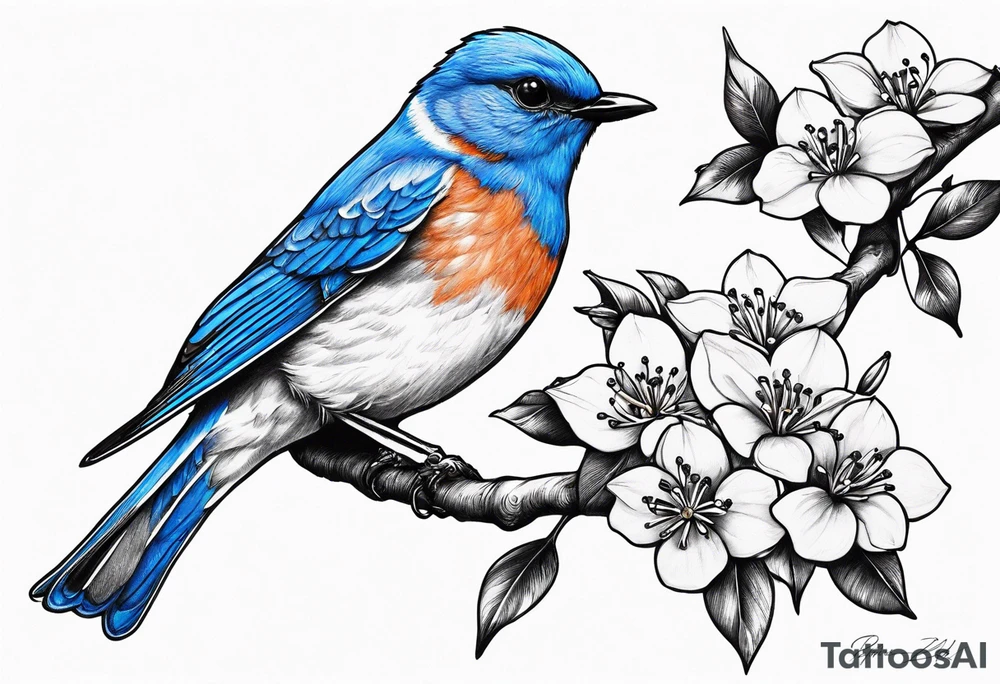 bluebird flying off of branch with orange blossoms tattoo idea