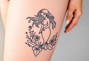 ethereal mermaid with flowing hair among coral and sea flowers tattoo idea