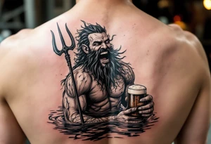 laughing poseidon, with a trident, in calm water, holding a beer tattoo idea