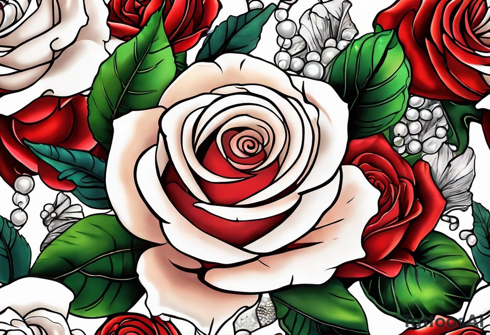 Red roses with a chain of pearls and seashells tattoo idea
