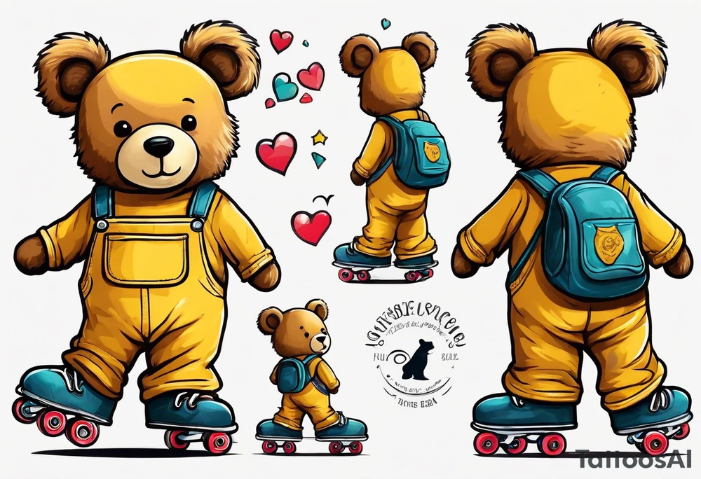 the back of one standing, skinny, brown ,
teddy bear in long, yellow overalls and white roller skates on his feet tattoo idea
