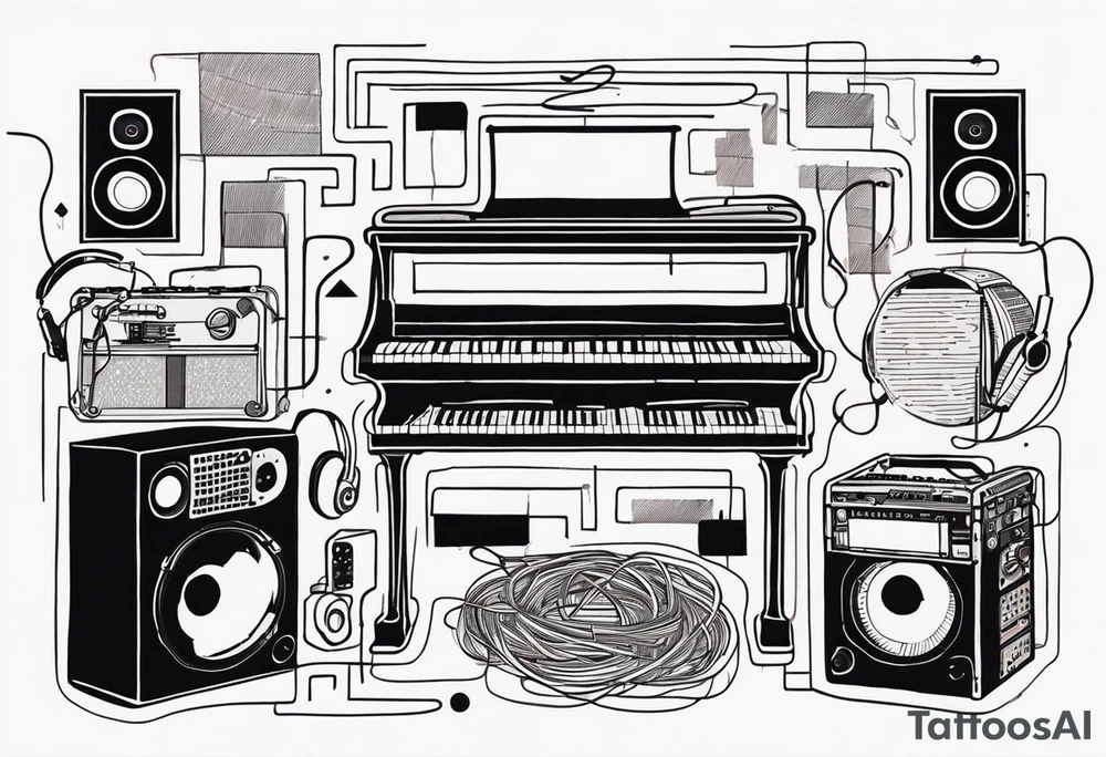 Piano, drums, guitar, speakers, headphones, cassette tapes, woven and interconnected by lines and cables. tattoo idea