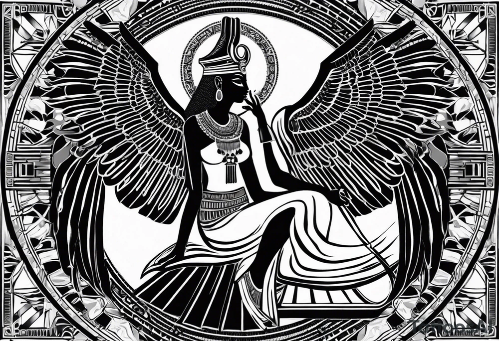 black and white Egyptian goddess Isis, who is often depicted as a woman with outstretched wings, holding an ankh (a symbol of life) in one hand and a lotus flower in the other. Her headdress often includes a throne or a solar disk. The tattoo design can vary in style and size, but it typically aims to capture the essence of this revered Egyptian deity, emphasizing her beauty, power, and maternal qualities. The choice of colors and additional elements can also be customized to create a unique and visually striking representation of the goddess Isis tattoo idea
