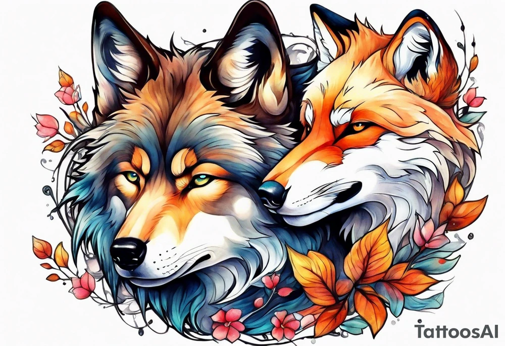 Wolf and fox nuzzling tattoo idea