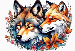 Wolf and fox nuzzling tattoo idea