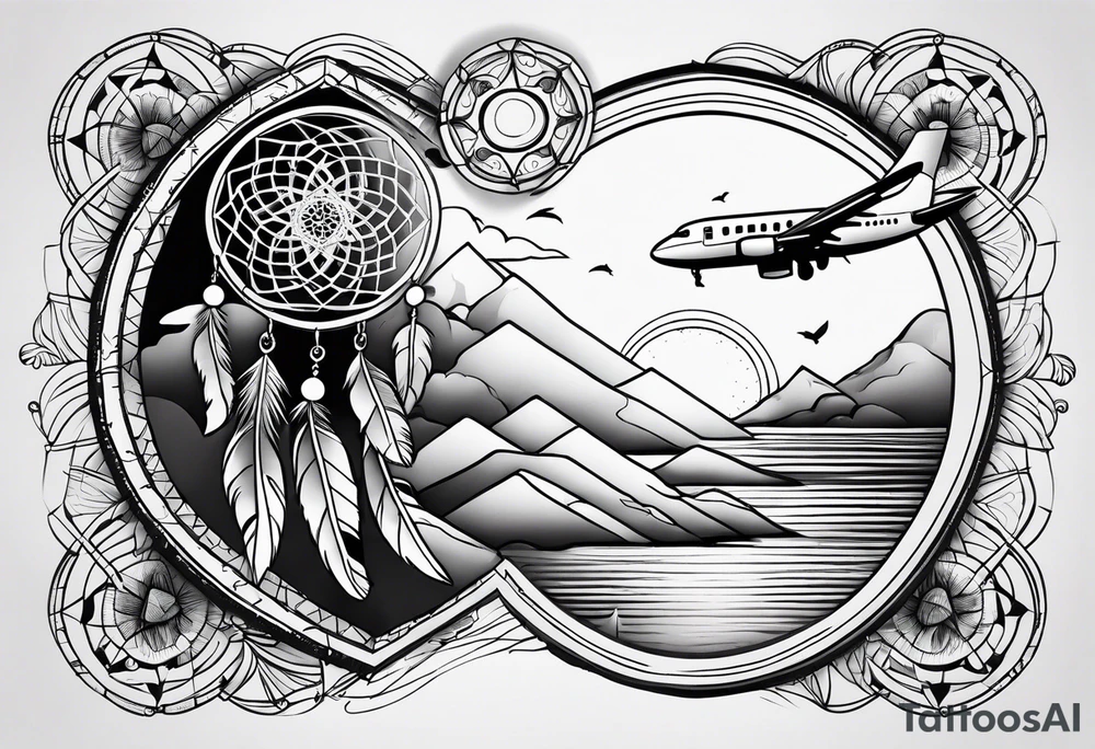 travel tattoo with dreamcatcher mantra luck, sea, plane tattoo idea