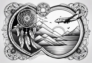 travel tattoo with dreamcatcher mantra luck, sea, plane tattoo idea