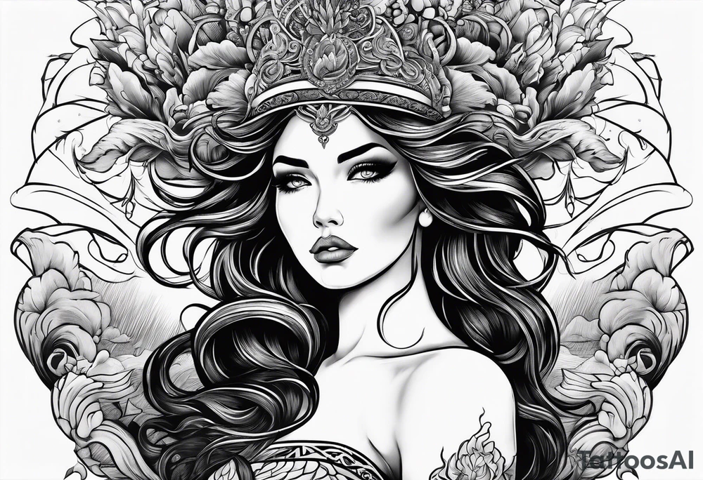 goddess, stormy sea, full length tattoo idea