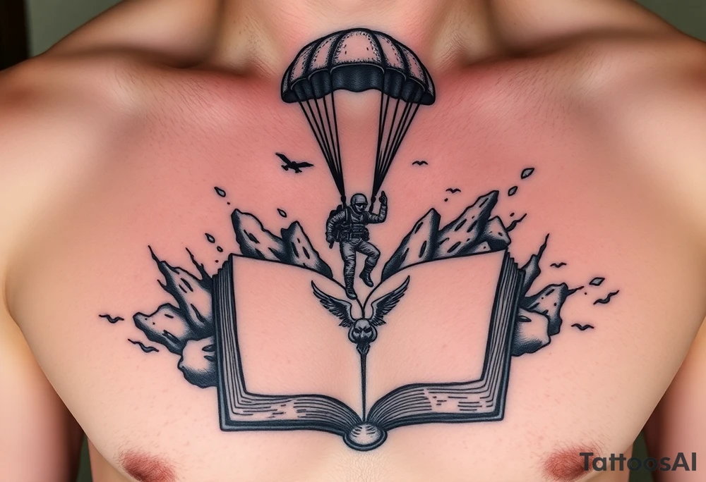 A parachuting soldier landing into an open book. Chaos surrounding, but the book is protecting the soldier from it. On the chest. Make the tattoo smaller. Make it thought provoking. Make the chaos in the environment be an eerie mist. Make the pages in the book be blank and the book be decorated tattoo idea