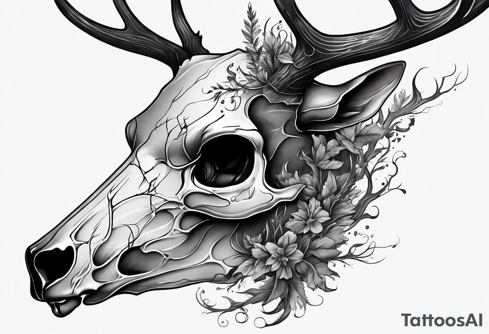 A side profile of decayed deer skull in a forest fire tattoo idea