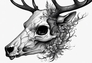 A side profile of decayed deer skull in a forest fire tattoo idea