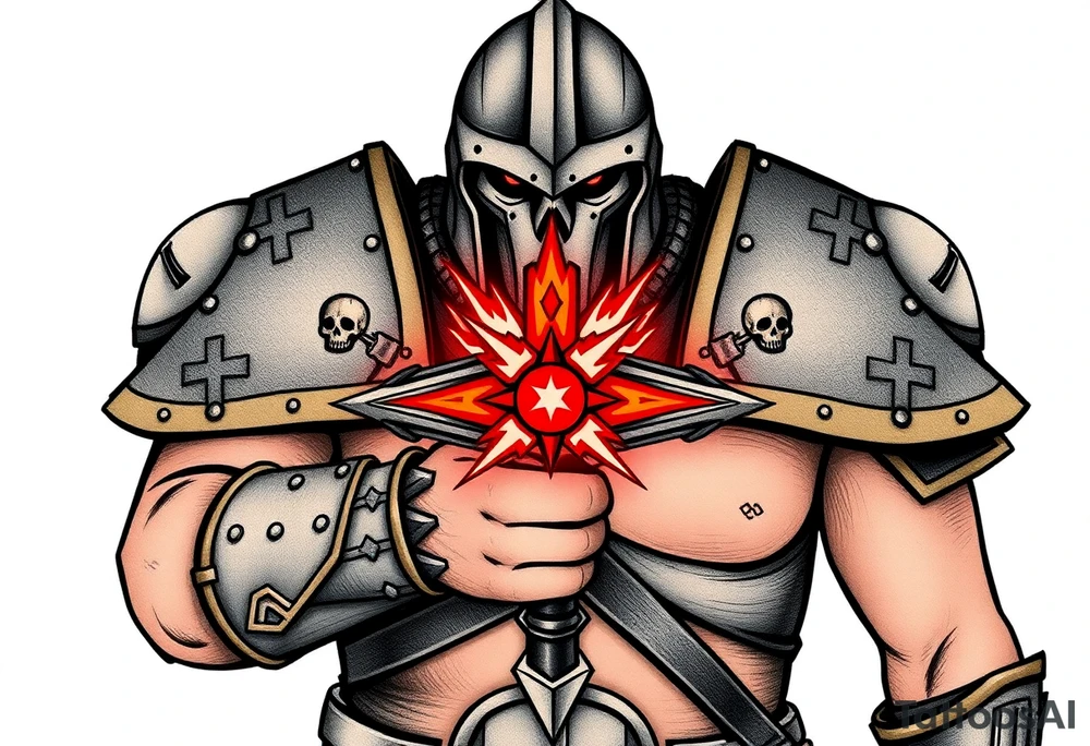 Warhammer, the Old World. A warrior priest of Sigmar holding The Warhammer of Sigmar. The Warhammer of Sigmar is radiating thunderous energy. The Warhammer is held by the warrior priest with both hands upon his chest level. The Warrior priest is wearing dark alloyed heavy armour with skull sigils on his shoulder pads. The warrior priest is wearing a fully head covered helmet, while the helmets front visor has an humanoid face covering. The helmet and armour are galdened with hints of gold and crimson red. tattoo idea