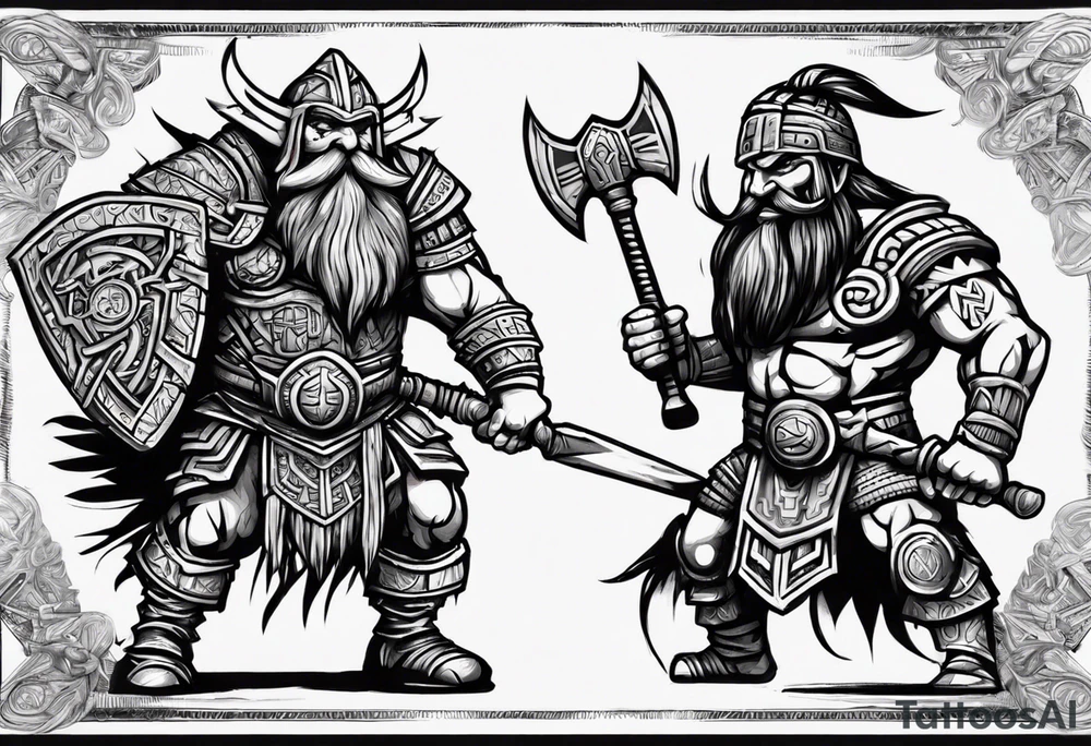 dwarven warrior with a war axe and Aztec warrior fighting against each other tattoo idea