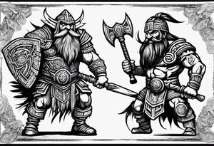 dwarven warrior with a war axe and Aztec warrior fighting against each other tattoo idea