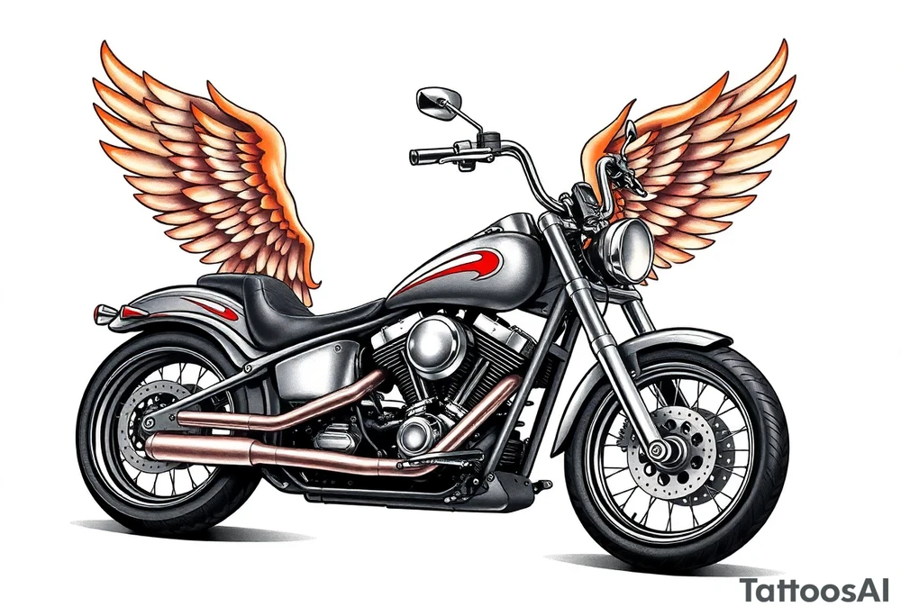 Low rider grey motorcycle, big muffler pipes with flames, angel wings, driving away, no person tattoo idea