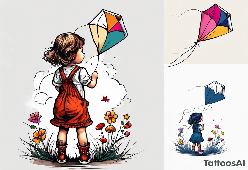 back image of a little girl in a dress, flying a kite, a teddy bear in overalls, standing beside her tattoo idea