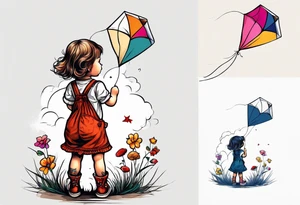 back image of a little girl in a dress, flying a kite, a teddy bear in overalls, standing beside her tattoo idea