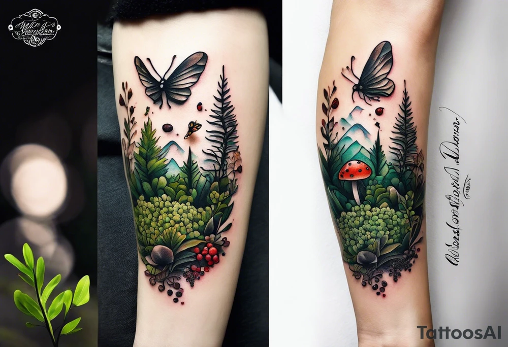 minimalistic forest floor inspired tattoo, which includes grass, moss, curly ferns and dead leaves as the bulk of the tattoo. details to include: forest berries, couple of very small brown mushrooms, a tiny bumblebee flying nearby tattoo idea