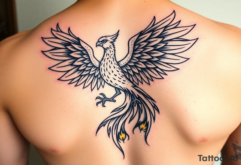 magnificent phoenix rising from golden flames with trailing embers tattoo idea
