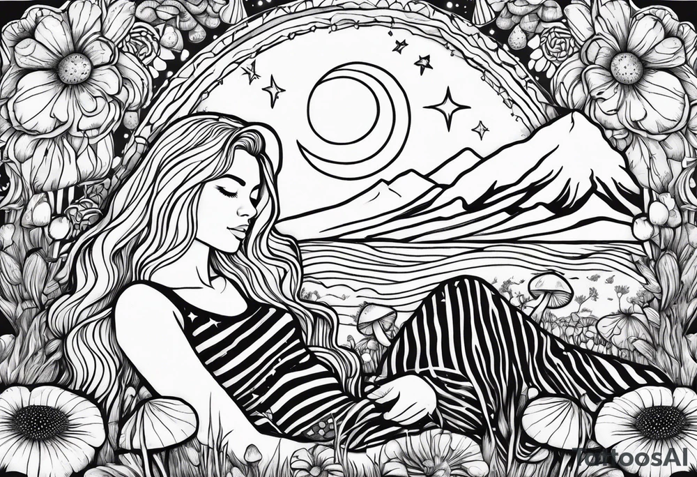Straight blonde hair girl in black and white striped dress sleeping in a field of mushrooms with mountains s
and crescent moon mandala background tattoo idea
